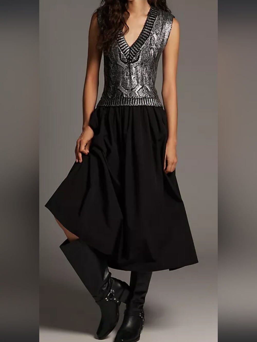 Pilcro Black Midi Skirt with Metallic Silver Waistband